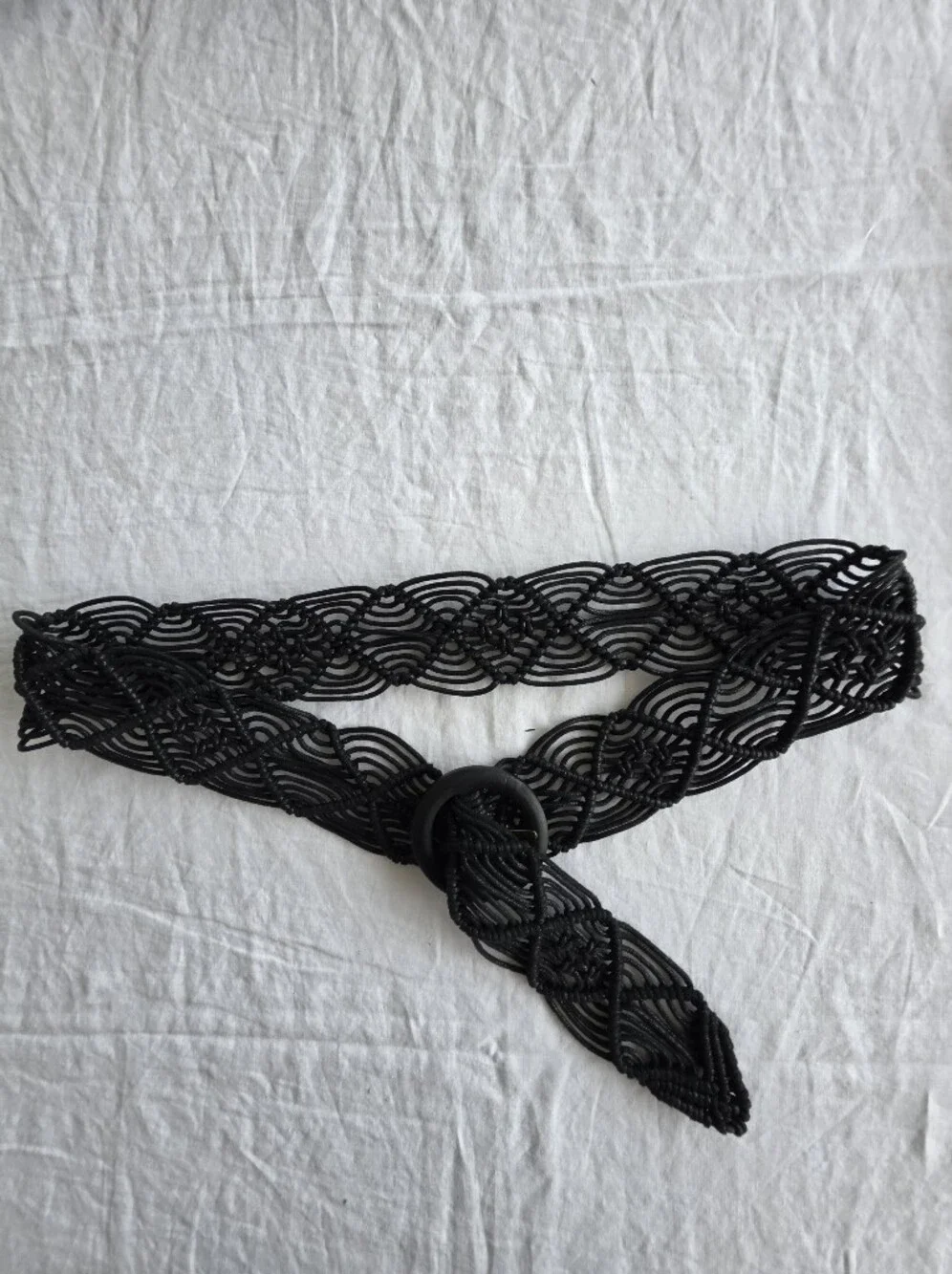 Black Macramé Waist Belt with Circular Buckle 59 Inches Long
